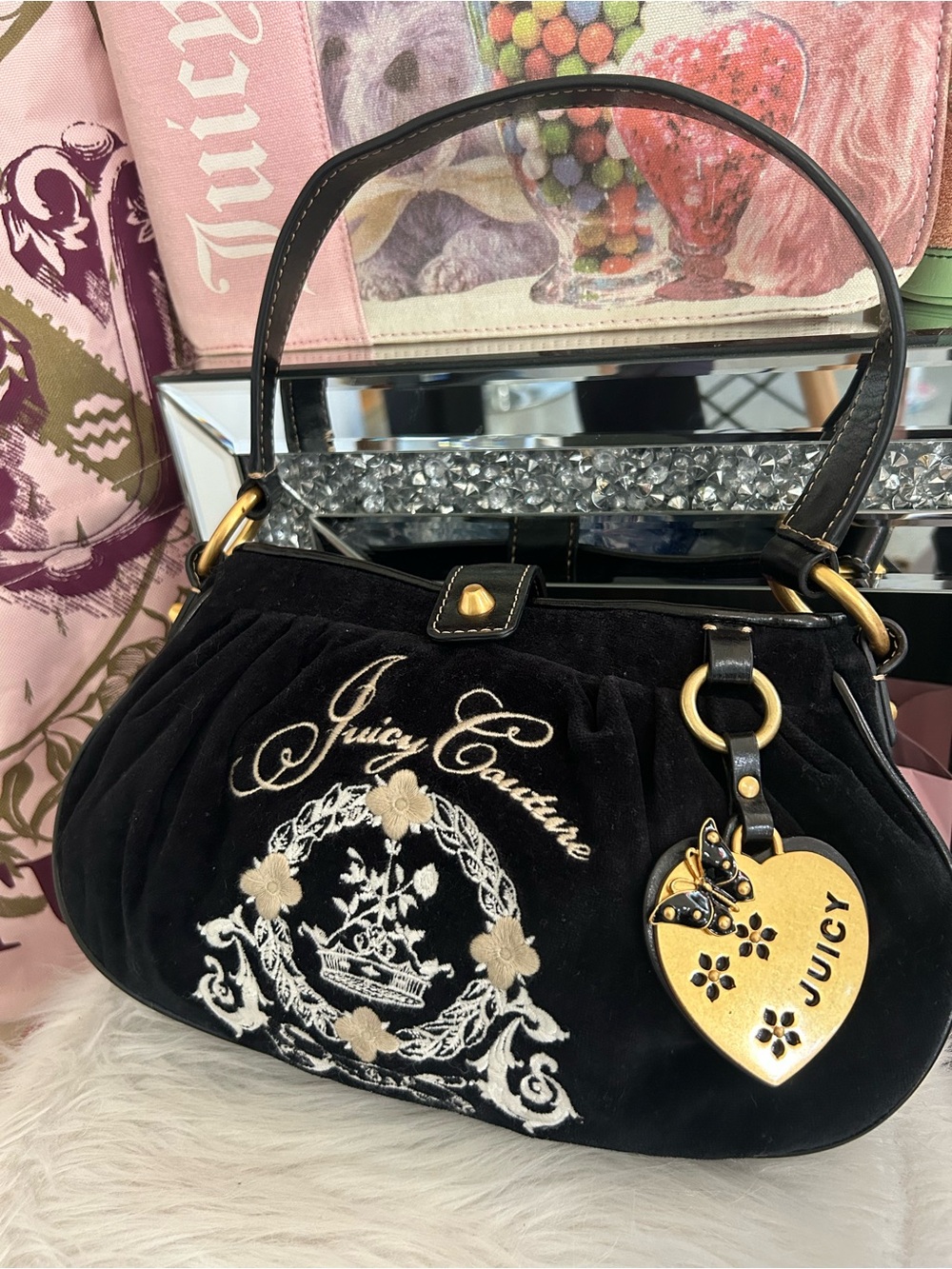 Y2K Vintage 2011 Juicy Couture Black Velour Shoulder Bag Butterfly Heart Charm